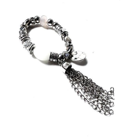 Silver Color Bracelet with Charms - Stretchable One Size Fits All Bracalet - Picture 3 of 5